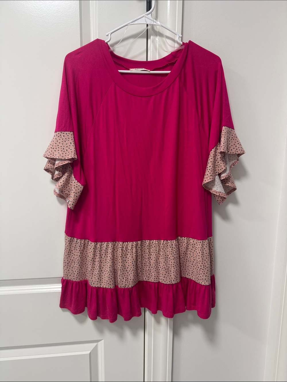 Women's Fuchsia Ruffle Sleeve Blouse with Polka Contrast - Unbranded